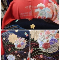 ● V)豪華絢爛 正絹 振袖 赤 ピンク 系 花鳥 爛漫/帯 帯 黒地 花柄 /帯揚げ /帯締め×2/重ね衿/ 成人式 結婚式 5点セット 中古 ③の画像