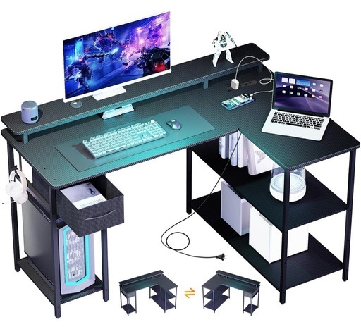 【新品未使用】ゲーミングデスク L字型 パソコンデスク 左右組替可 電源タップ付 モニター台 棚 引出し付 おしゃれ 勉強机 頑丈