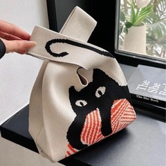 ❤️新品❤️ニットバッグ エコバッグ サブバッグ 折りたたみ コンパクト 黒猫 ネコ柄の画像