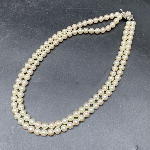 Z279　アコヤ あこや 2連パールネックレス 本真珠 SILVER刻印　照り艶抜群 ホワイト　6.5～6.9ミリ程度　冠婚葬祭
