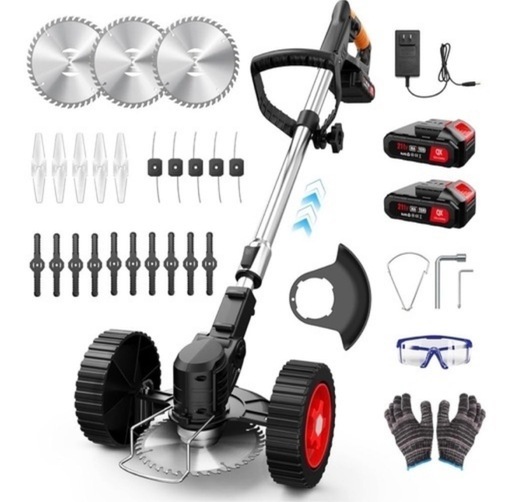 新品未使用　取り外し可能なタイヤ　電動草刈り機 充電式 高性能 21V 4000mAhのバッテリー総容量 強力1880W 低騒音 補助ホイール 伸縮可 角度調整可 多替刃付き