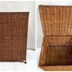 美品 ラタン 籐 カゴ 蓋付きランドリーボックス 幅34×奥行30×高さ56cm 洗濯用品 おもちゃ箱 収納家具 Fの画像