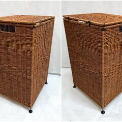 美品 ラタン 籐 カゴ 蓋付きランドリーボックス 幅34×奥行30×高さ56cm 洗濯用品 おもちゃ箱 収納家具 Fの画像