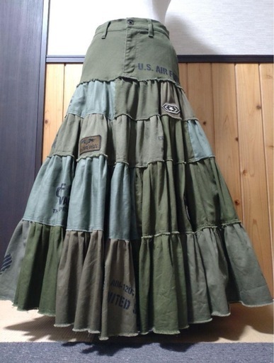 超ボリューム 5色カーキMIX リメイク ミリタリー５段ティアードスカート