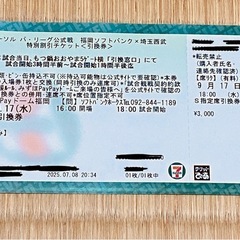 ★9/17(水)ホークス戦　S指定席引換券1枚の画像