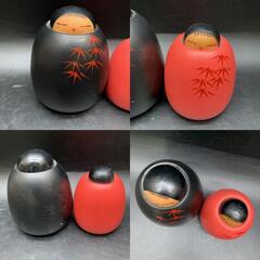M373　時代物　昭和レトロ　伝統工芸品　黒と赤の竹模様こけしセット　当時物　骨董　民芸品の画像