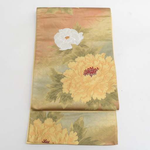 袋帯 正絹 金糸　牡丹文様 黄緑色ｘ金色 六通柄 フォーマル 礼装【中古】 【キモノオフ野々市若松店】