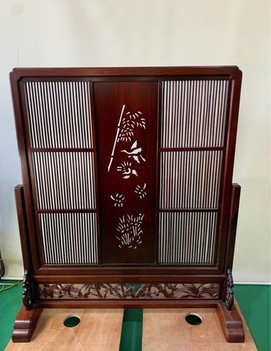 豪華彫刻入り木製パーテーション 花梨 4連 透かし彫り 衝立 つい立