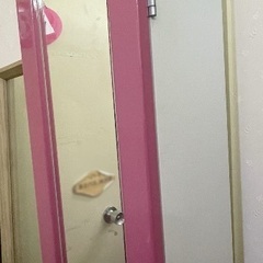 中古　ボックスミラー　全身鏡　収納　棚　扉付き　ピンク　ホワイト　の画像