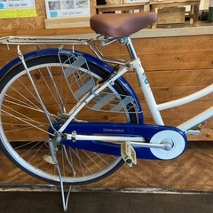 【前輪タイヤ新品！】シングルギア　26インチ自転車　ホワイト×ブルーの画像