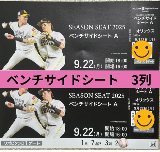 【決まりました】9月22日(月)オリックス戦　ベンチサイドシート2枚