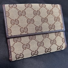 GUCCI グッチ 二つ折り財布 GGキャンバス レザー  ベージュ ブラウン 箱付き ゴールドバックルの画像