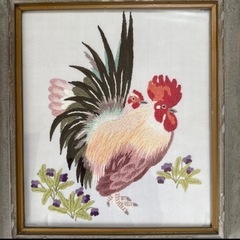 松鳩文化刺繍 美術品 鶏 ニワトリ 菖蒲 アヤメ 糸の絵画 刺繍 手芸 完成品 インテリア 壁の画像
