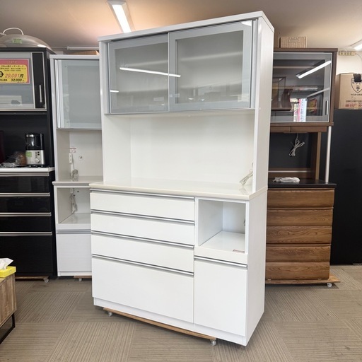 【超美品‼️】定価96,990円♪ ニトリ 120cm幅キッチンボード(レジューム120) 食器棚 収納家具 鏡面仕上げホワイト♪