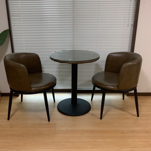 【京都市内 発送無料】強化ガラス 丸テーブル＆チェア2脚セット おしゃれカフェ風