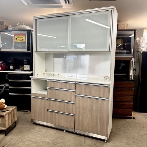 【超美品‼️】定価40万♪ 綾野製作所 160cm幅キッチンボード(ラクシア) 食器棚 収納家具 木目調ブラウン♪