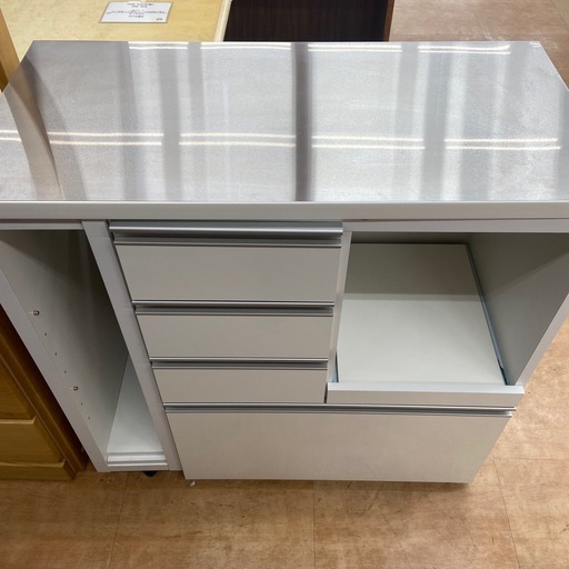 【来店いただける方限定】　キッチンカウンター　ステンレストップ　4段　ホワイト×シルバー　【トレファク摂津店】