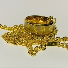 【1点限り】K18刻印有り 金リングネックレス 金 luxury 男女兼用 GOLD 18金GF おしゃれ リングネック 金アクセの画像
