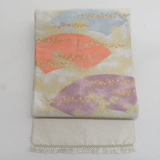 袋帯 正絹 綴れ織り 金糸銀糸 金色ｘ薄紫色ｘサーモンピンク色 パステル系 地紙文様 お太鼓柄 フォーマル 礼装 長さ448cm【中古】 【キモノオフ野々市若松店】