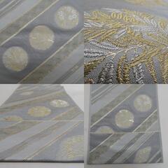 袋帯 正絹 金糸 グレーｘ金色 斜め縞に丸に花文様 六通柄 フォーマル 礼装 長さ440cm【中古】 【キモノオフ野々市若松店】の画像