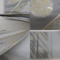 袋帯 正絹 金糸 グレーｘ金色 斜め縞に丸に花文様 六通柄 フォーマル 礼装 長さ440cm【中古】 【キモノオフ野々市若松店】の画像
