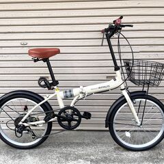 美品 MY PALLAS マイパラス 折りたたみ自転車 20インチ シマノ製6段変速 かご LEDライト ワイヤーロック 泥除け付き サンドベージュ MF205の画像