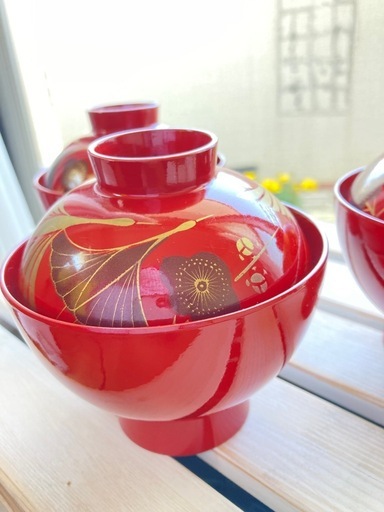 美品 20客セット 蓋付きお椀 お吸い物碗 漆器 お正月 お祝い 赤色