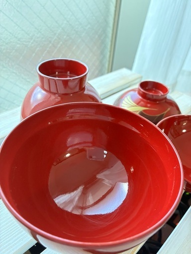 美品　 20客セット　蓋付きお椀　お吸い物碗　漆器　お正月　お祝い　赤色　
