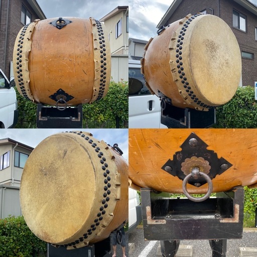 【交渉中】２尺４寸　耳つき　長胴太鼓　和太鼓　可動台付き　牛皮　発送不可　