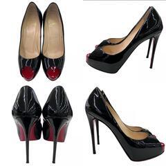 186005 Christian Louboutin クリスチャンルブタン Chiristian Louboutin オープントゥサンダル 24 ブラック エナメル/ゴム レディース [0000000000333]の画像