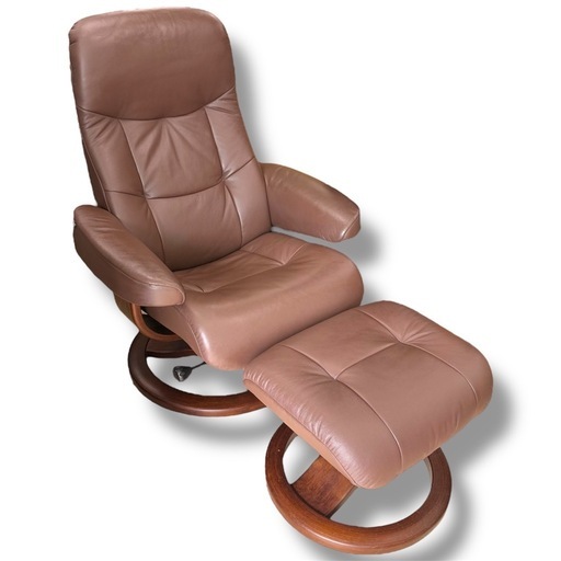【Fjords】パーソナルチェア & オットマン／リクライニング ラウンジチェア 一人掛け ソファ ハイバック ひじ掛け付き リラックスチェア 北欧系 木製リングベース ブラウン レザー調（素材不明）Fjords USA ラベル有 オットマン付 フットスツール付 くつろぎ 在宅 ワーク 休憩