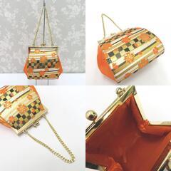 子供着物 女児 筥迫セット 7点セット オレンジ×白×黒×金 桜 市松 横段 女の子 七五三 はこせこ キッズ ハコセコ【中古】 【キモノオフ野々市若松店】の画像