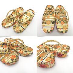 子供着物 女児 筥迫セット 7点セット オレンジ×白×黒×金 桜 市松 横段 女の子 七五三 はこせこ キッズ ハコセコ【中古】 【キモノオフ野々市若松店】の画像