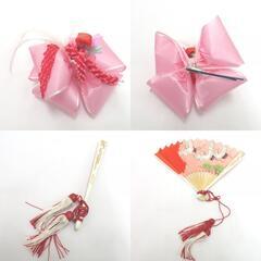 子供着物 女児 筥迫セット 7点セット オレンジ×白×黒×金 桜 市松 横段 女の子 七五三 はこせこ キッズ ハコセコ【中古】 【キモノオフ野々市若松店】の画像