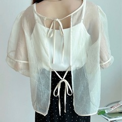 新品未使用5280円！ワッシャーシアーリボンブラウス 透け感シフォンカーディガンの画像