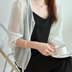 新品未使用5280円！ワッシャーシアーリボンブラウス 透け感シフォンカーディガンの画像