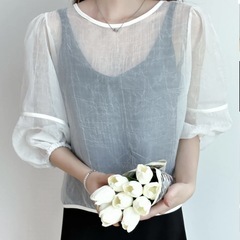 新品未使用5280円！ワッシャーシアーリボンブラウス 透け感シフォンカーディガンの画像