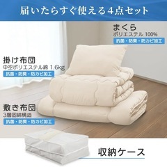 アイリスプラザ すぐ使える&洗える布団4点セット シングル 抗菌防臭 すっきり収納ケース付き しっとりなめらかピーチスキン加工 (掛け布団 敷布団 枕) ボーダーグレーの画像