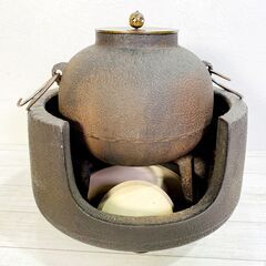 茶道具/風炉釜セット/鉄釜/玉摘み蓋/置炉/五徳・楽印前瓦・敷瓦付/稽古にすぐ使える/茶釜/茶道具/実用/茶の湯/茶室/教室/備品/初心者/E1EW0603の画像