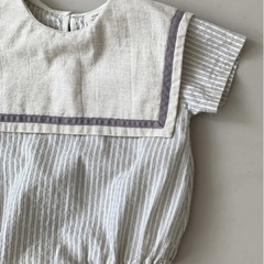 【1着プレゼント付き】　BebeHolic ブルーストライプ セーラー ロンパース の画像