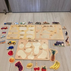木製　型はめパズル3セット　動物、果物、乗り物の画像
