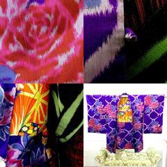 羽織 アンティーク 銘仙 長羽織 紫 グレー ピンク 緑 薔薇 昔羽織 レトロモダン 正絹 明治・大正ロマン モダン 和洋ミックス  身丈91.1cm【中古】 【キモノオフ野々市若松店】の画像