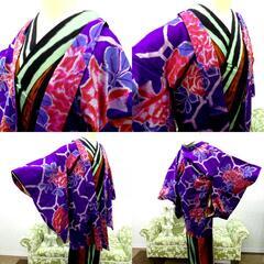 羽織 アンティーク 銘仙 長羽織 紫 グレー ピンク 緑 薔薇 昔羽織 レトロモダン 正絹 明治・大正ロマン モダン 和洋ミックス  身丈91.1cm【中古】 【キモノオフ野々市若松店】の画像