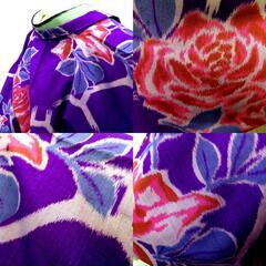 羽織 アンティーク 銘仙 長羽織 紫 グレー ピンク 緑 薔薇 昔羽織 レトロモダン 正絹 明治・大正ロマン モダン 和洋ミックス  身丈91.1cm【中古】 【キモノオフ野々市若松店】の画像