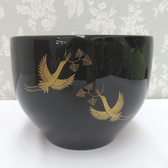 骨董・民芸品 輪島塗 松喰鶴蒔絵 花器 花生 鉢 フラワーベース 漆器 黒 箱有 インテリア【中古】 【キモノオフ野々市若松店】の画像