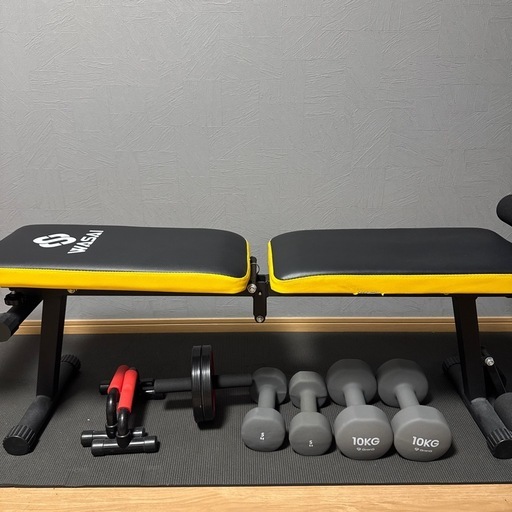 【10/1迄募集　引取は10月中旬までまで】フィットネスベンチとダンベル5キロ、10キロ、腹筋ローラー、プッシュアップバー、マットのセット