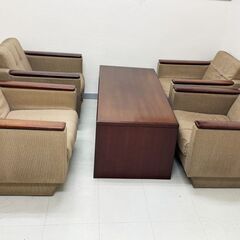 応接セット　５点組　１人掛けソファー４脚+センターテーブル　布張り (日焼け染みあり)　■U-993の画像