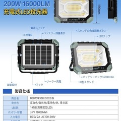 投光器 充電式 屋外 作業灯 200W 16000LM ワークライト 大容量 超高輝16000mAh 5つ照明モードポータブル 磁気付き 屋外照明 キャンプ 登山 夜釣り 防災 停電対策 夜間工事用の画像