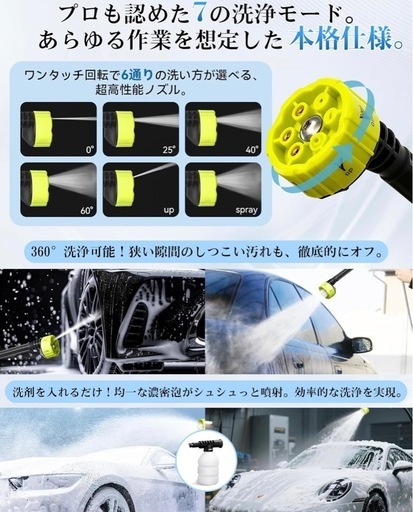 高圧洗浄機 コードレス 充電式 10Mpa最大吐出压力 吐出水量8L/min 20000mAh大容量バッテリー 6in1ノズル付き 800Wブラシレスモータ 自吸式 10M噴射距離 軽量 強力出力 噴射圧30bar  洗車/庭/キャンプ用品清掃/屋外/階段/外壁/ベランダ