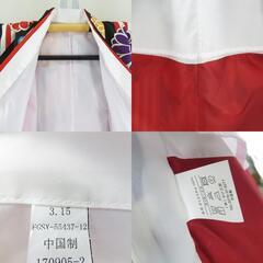 子供着物 女の子用 四つ身 襦袢セット ポリエステル 黒色ｘ多色 矢羽根に花模様 洗える 子供きもの 女児 七五三 祝着 身丈134.5cm【中古】 【キモノオフ野々市若松店】の画像